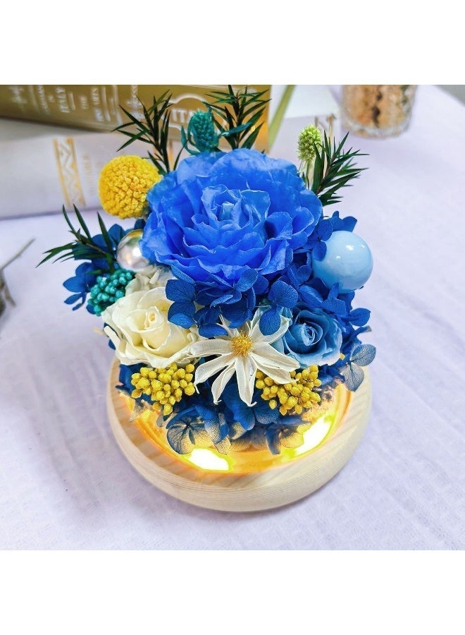 ورد أزرق محفّظة مصنوعة يدويًا – طول عمر طازجة 3-5 سنوات، قاعدة خشبية بفاصل تشغيل | هدية عيدية - Image 5