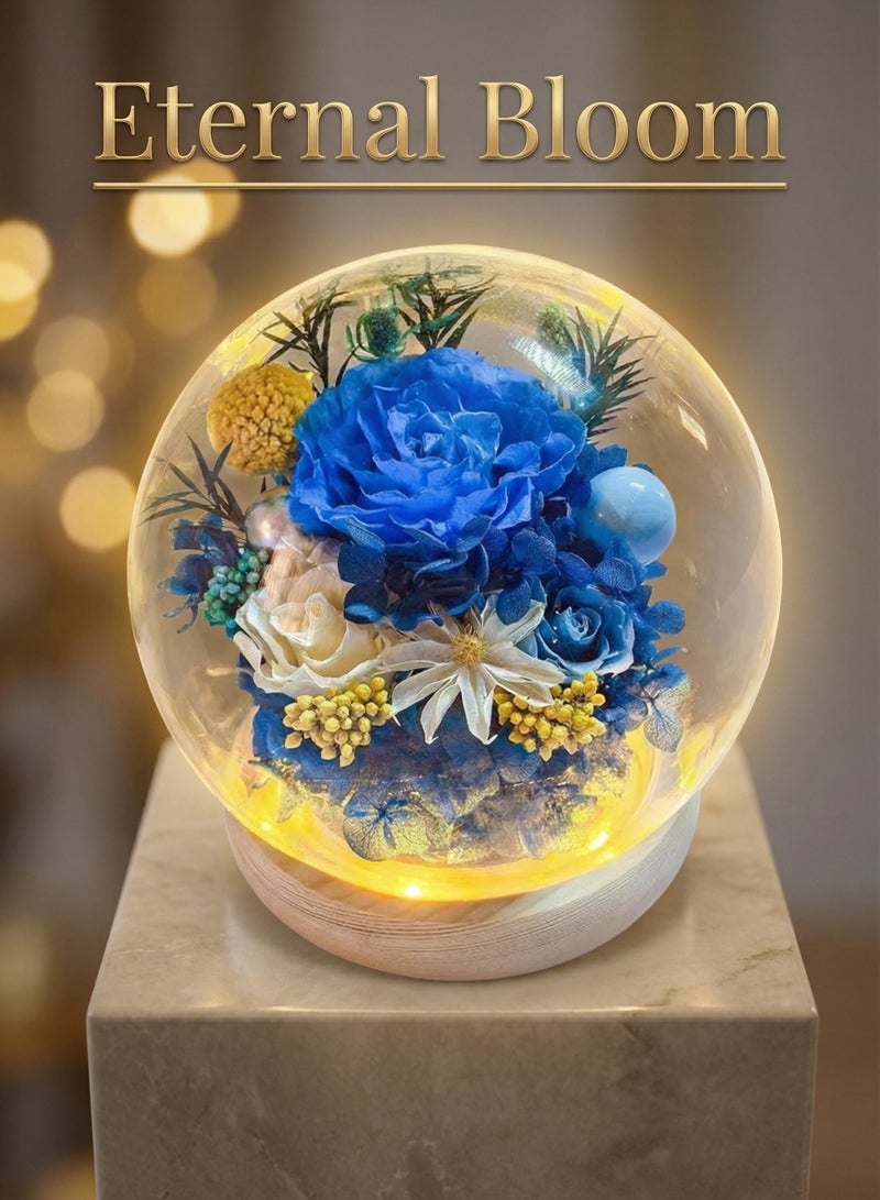 ورد أزرق محفّظة مصنوعة يدويًا – طول عمر طازجة 3-5 سنوات، قاعدة خشبية بفاصل تشغيل | هدية عيدية - Image 1