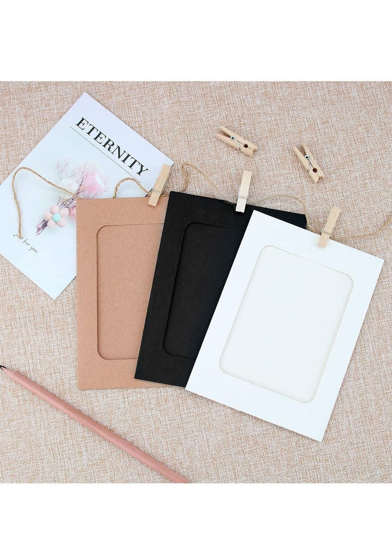Captaintech Photo Frame 30 Pack Paper 6x4 Set Multiple Photos Picture Mats with Mini Wooden Clips and String Hanging Cardboard for Home Room Wall Decor Diy - Image 2