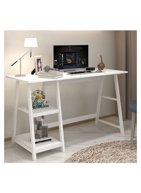 Computer Desk, Modern Study Desk, Home Office, Computer Desk for Work, Writing, Study, Bedroom, Computer Desk for Executive Workspace, with Side Storage Shelves, White