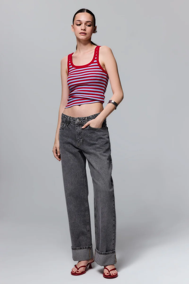 High Waist Grey 100% Cotton Straight Jeans