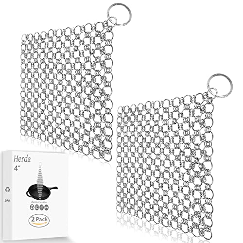 Herda 2Pack Chain Mail Cast Iron Cleaner Scrubber, 316 Chainmail Scrubber Cast Iron Skillet Cleaning Brush, Chainmail Scrubbing Metal Scrub Tool to Clean Dutch Oven Carbon Steel Wok Grill Pan Pot - Image 1