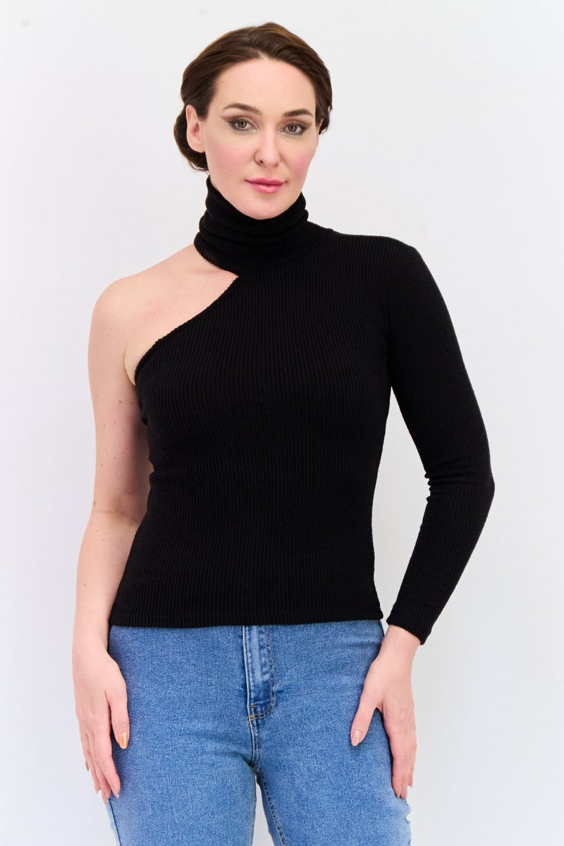 KOTON Women Turtle Neck One Shoulder Sleeves Knitted Top, Black - Image 1