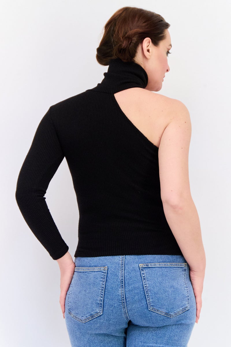KOTON Women Turtle Neck One Shoulder Sleeves Knitted Top, Black - Image 3