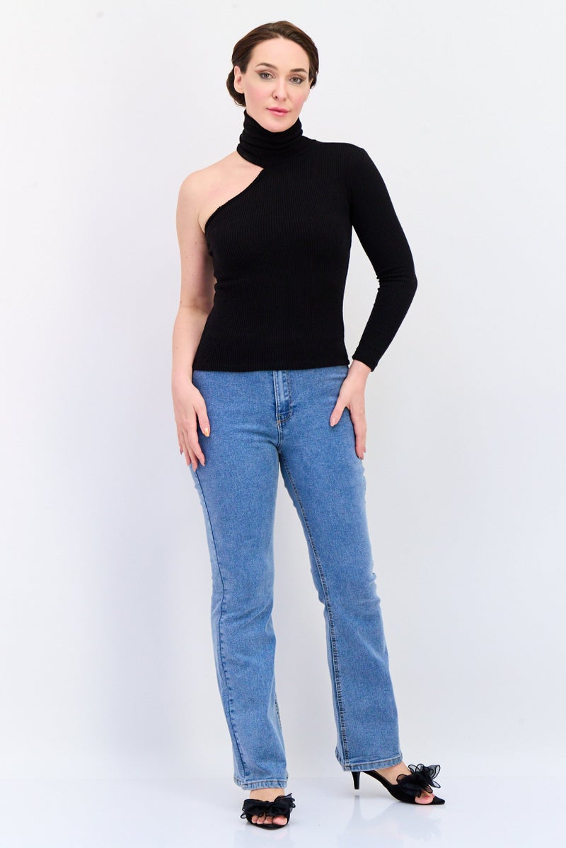 KOTON Women Turtle Neck One Shoulder Sleeves Knitted Top, Black - Image 4