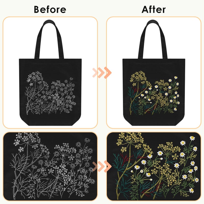 ERKOON Canvas Tote Bag Embroidery Kit for Beginners, Floral Arts Crafts Cross Stitch Kits for Adults Including Stamped Embroidery Bag with Hoops, Needle, Instruction and Color Threads(Chamomile) - Image 3