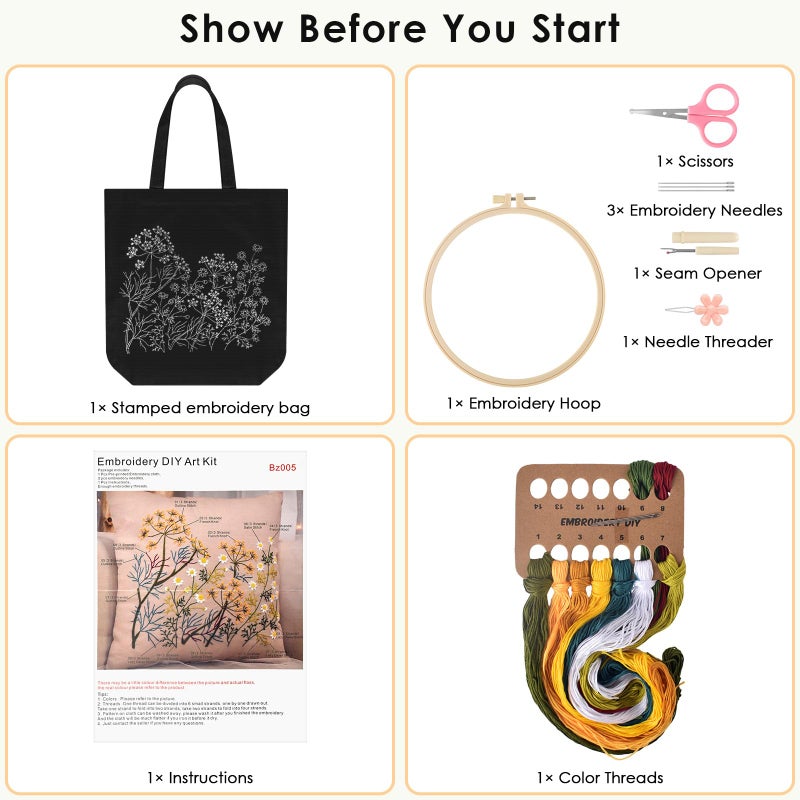 ERKOON Canvas Tote Bag Embroidery Kit for Beginners, Floral Arts Crafts Cross Stitch Kits for Adults Including Stamped Embroidery Bag with Hoops, Needle, Instruction and Color Threads(Chamomile) - Image 2