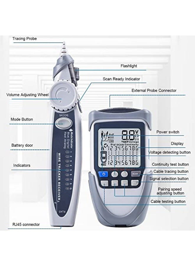 Generic Eacam Handheld Portable Network Cable Tester LCD Large Screen Display Digital Wire-Trackers Continuity Battery Voltage Polarity Checking POE Test Multi-function Cable Tester with Flashlight  - Image 4
