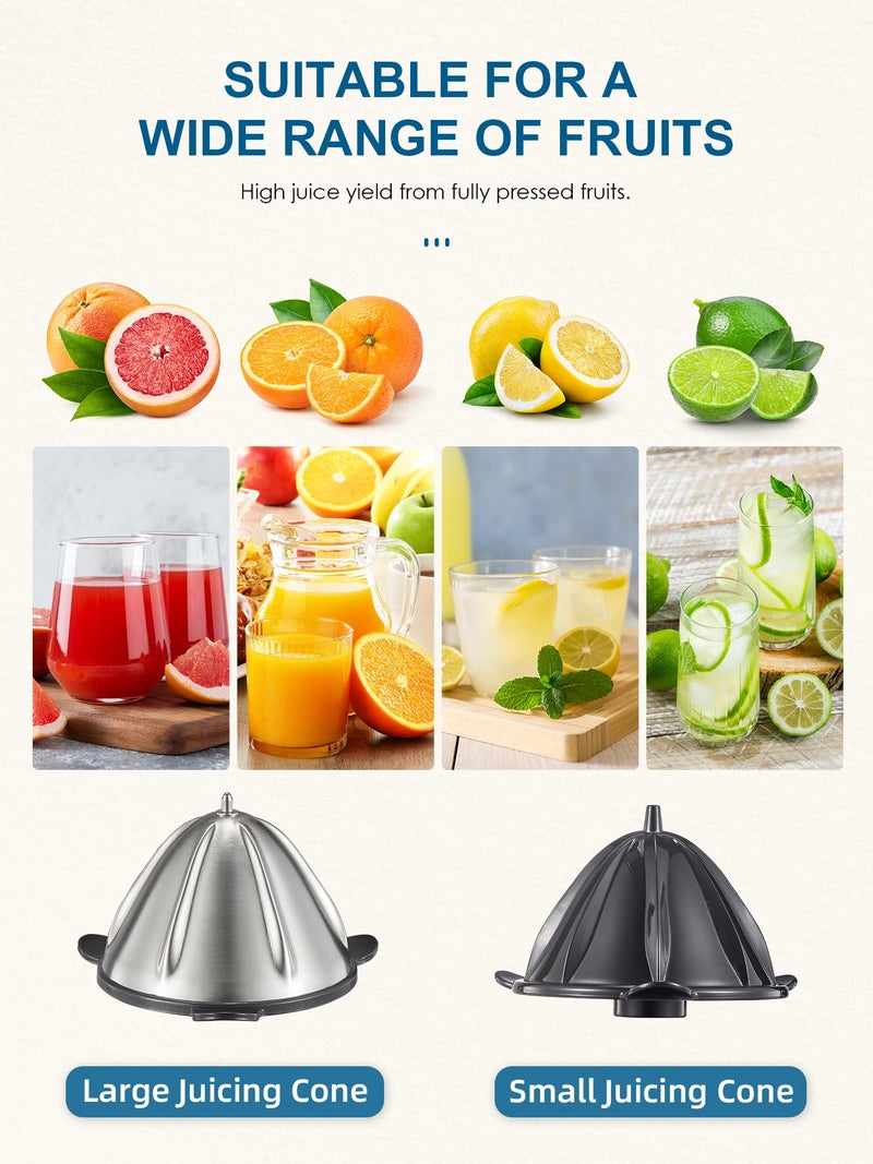 QCen Electric Citrus Juicer Squeezer, Electric Juicer for Orange, Lemon and Limes with Rubber Handle and Two Size Cones, Anti-Drip Spout, Easy to Clean and Use, BPA Free, Black/Stainless Steel - Image 2