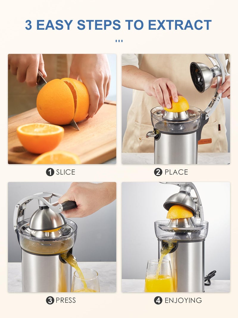 QCen Electric Citrus Juicer Squeezer, Electric Juicer for Orange, Lemon and Limes with Rubber Handle and Two Size Cones, Anti-Drip Spout, Easy to Clean and Use, BPA Free, Black/Stainless Steel - Image 5