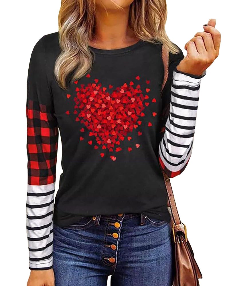 MHTOR Valentines Shirts Women Buffalo Plaid Love Heart Graphic Tees Letter Print Long Sleeve Tops Shirts(Large,Red-03) - Image 1