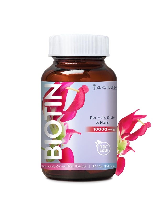 ZEROHARM Biotin Tablets for Hair Growth - 10000 mcg Vitamin B7 - Plant-Based Supplement Supports Hair Growth, Skin Hydration & Nail Strength For Men & Women - Sesbania Grandiflora - 60 Tablets - Image 1