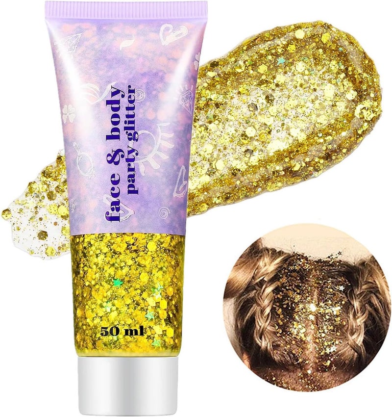Go Ho Gold Face Body Glitter Gel 50MLSinger Concerts Glitter MakeupHolographic Long Lasting Chunky Sequins Glitters for Eye Lip Hair NailsFestival Rave Accessories for Face Gems02 Gold Glitter