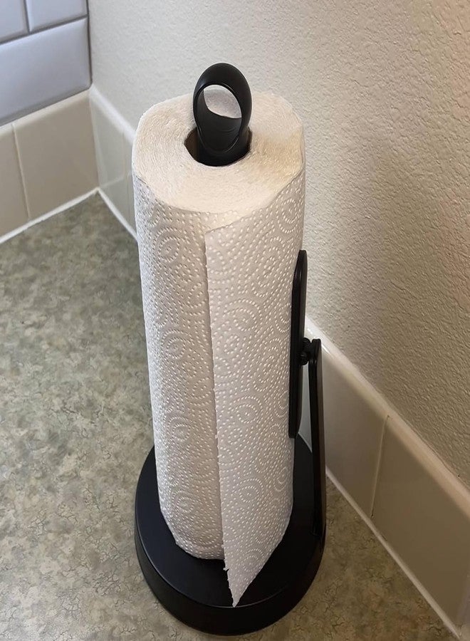 theaoo Heavy-Duty Stainless Steel Paper Towel Holder with Tension Arm - Easy One-Handed Tear, Modern Standing Countertop Dispenser for Kitchen, Holds All Paper Towel Rolls (1, Black) - Image 4