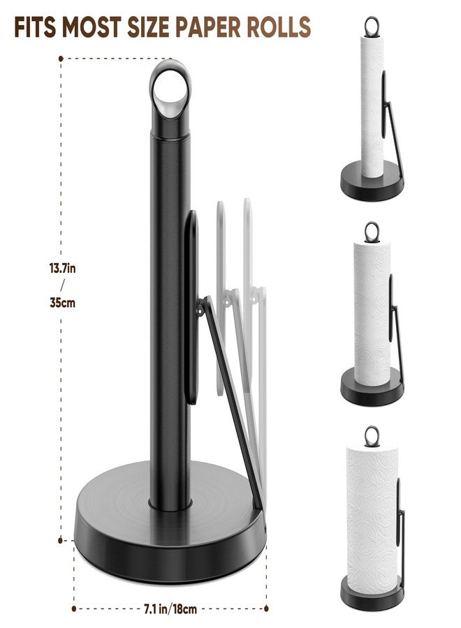 theaoo Heavy-Duty Stainless Steel Paper Towel Holder with Tension Arm - Easy One-Handed Tear, Modern Standing Countertop Dispenser for Kitchen, Holds All Paper Towel Rolls (1, Black) - Image 2