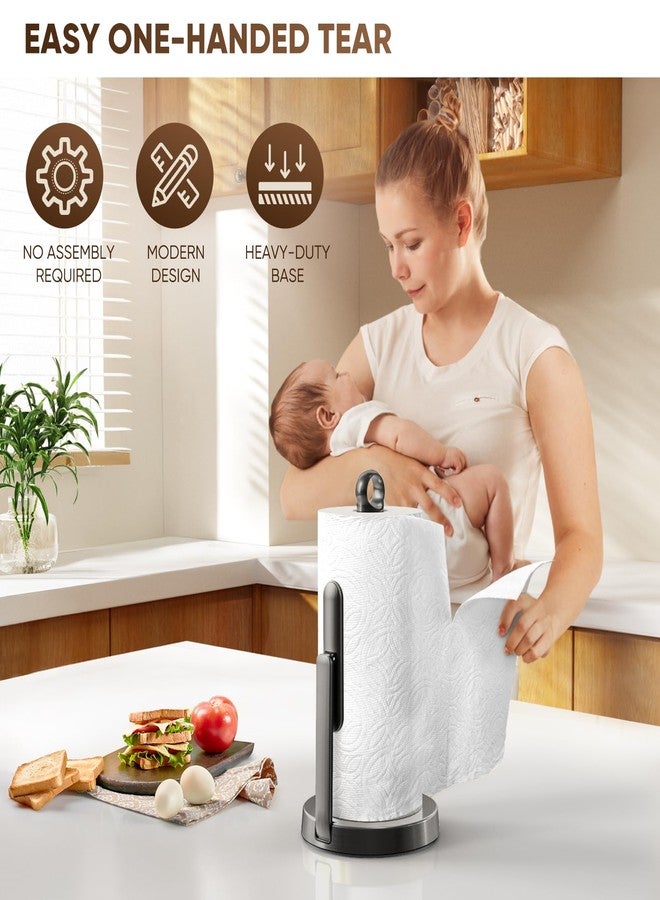 theaoo Heavy-Duty Stainless Steel Paper Towel Holder with Tension Arm - Easy One-Handed Tear, Modern Standing Countertop Dispenser for Kitchen, Holds All Paper Towel Rolls (1, Black) - Image 3