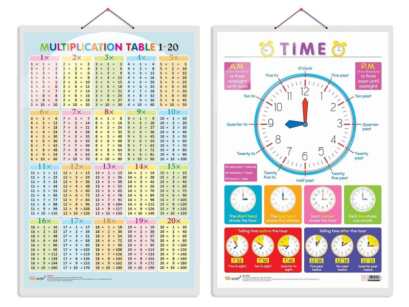 GoWoo Set of 2 Multiplication Table 1-20 and TIME Early Learning Educational Charts for Kids | 20"X30" inch |Non-Tearable and Waterproof | Double Sided Laminated | Perfect for Homeschooling, Kindergarten and Nursery Students - Image 1