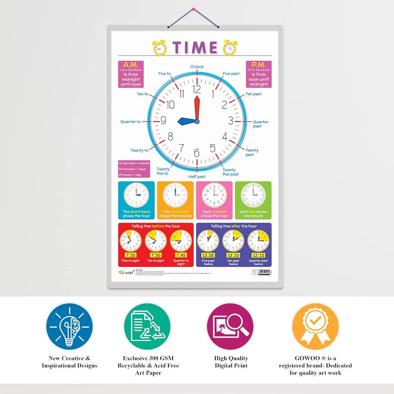 GoWoo Set of 2 Multiplication Table 1-20 and TIME Early Learning Educational Charts for Kids | 20"X30" inch |Non-Tearable and Waterproof | Double Sided Laminated | Perfect for Homeschooling, Kindergarten and Nursery Students - Image 4