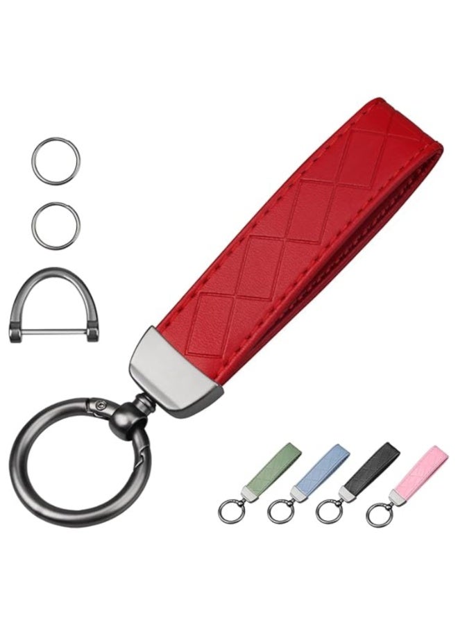 7Cylinder Genuine Leather Keychain 360 Degree Rotatable with Anti Lost D-Ring, Circle Carabiner and Key Rings, Red. - Image 1