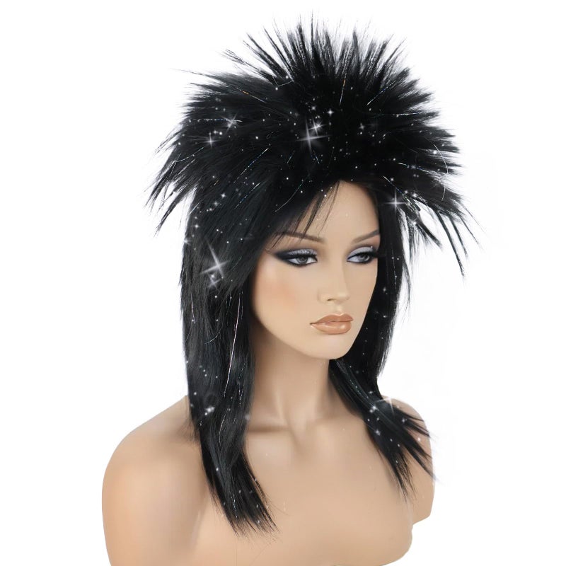 BESTBEL+Hair Cap 80's Long Silver Black Wig for Women Rocking Diva Wig Long Spiky Wig with Bangs Rocker Anime Funny Hair for Halloween Cosplay Womens Cosplay Outfit for Costume Party - Image 3