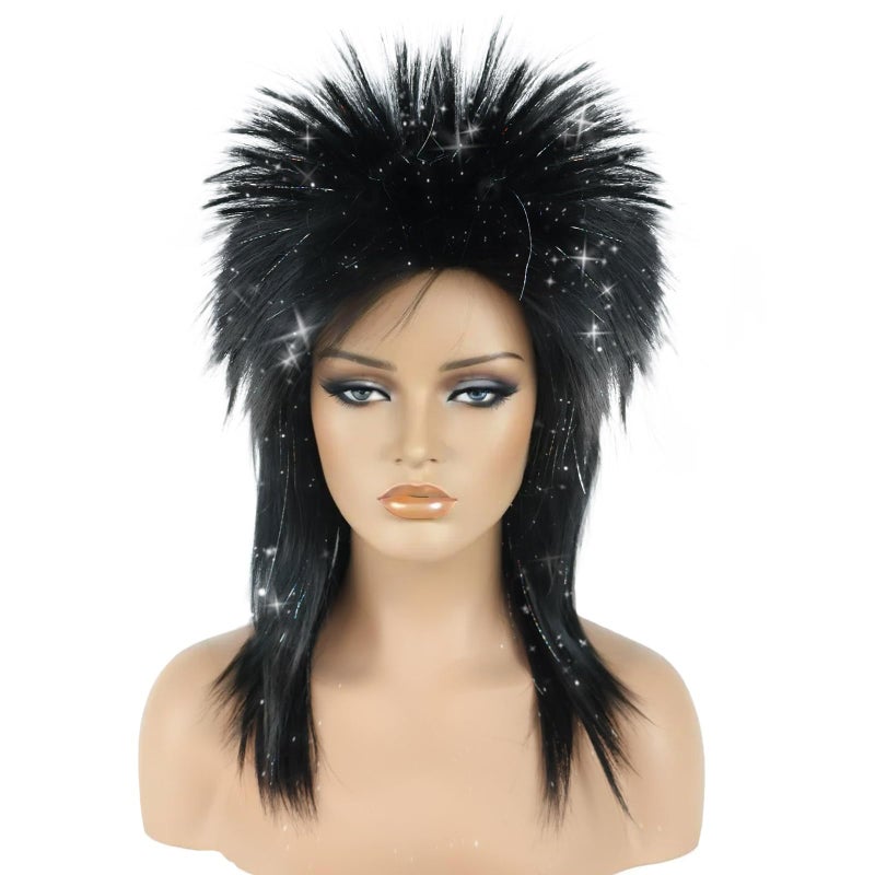 BESTBEL+Hair Cap 80's Long Silver Black Wig for Women Rocking Diva Wig Long Spiky Wig with Bangs Rocker Anime Funny Hair for Halloween Cosplay Womens Cosplay Outfit for Costume Party - Image 2