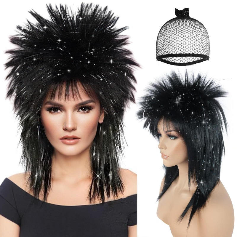 BESTBEL+Hair Cap 80's Long Silver Black Wig for Women Rocking Diva Wig Long Spiky Wig with Bangs Rocker Anime Funny Hair for Halloween Cosplay Womens Cosplay Outfit for Costume Party - Image 1