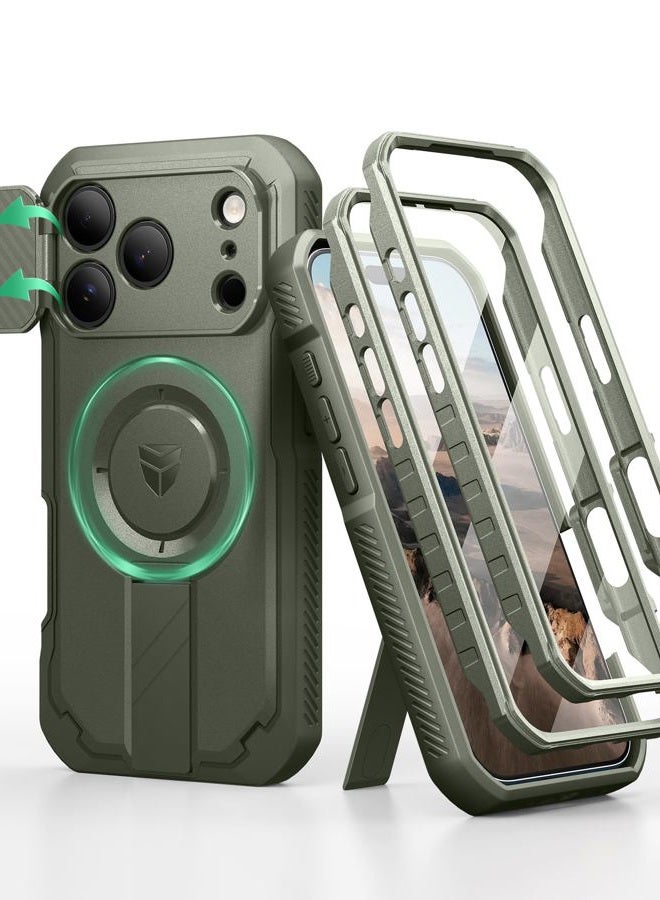 Dexnor for iPhone 17 Pro Case, [2 Front Frame & Built-in Flip Camera Cover & Kickstand], Compatible with MagSafe, Heavy-Duty Shockproof Portection Case with Screen Protector, 6.3 inch Army Green - Image 1