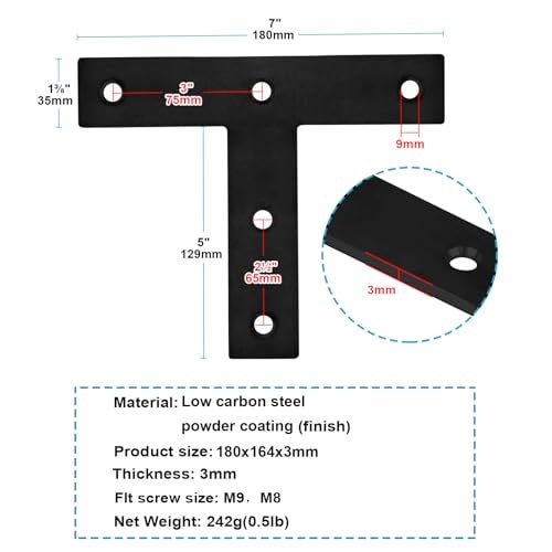 MOUNTAIN_ARK 6 Pack T Shaped Plate Tie Straps, 7" x 6-1/2" Black Flat Mending Connector T Bracket for Wood, 11 Gauge - Image 2
