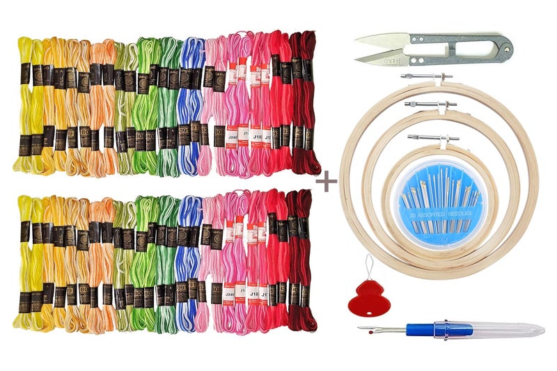 TE Embroidery Kit with Wooden Hoop Ring 6,7,8 Inches, 50 Multicolor Threads, 30 Needles, 1 Seam Ripper, 1 Threader and 1 Thread Cutter for Cross Stitch (Emb. kit 2nd & 2nd aati) - Image 1