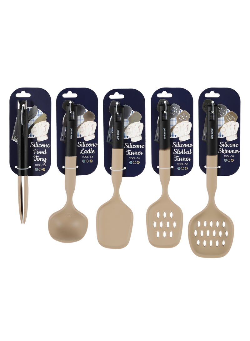 Life Smile Lifesmile Silicone Kitchen Utensils Set (5-Piece) | Ladle, Turner, Slotted Turner, Skimmer & Food Tong | Heat-Resistant - Image 1