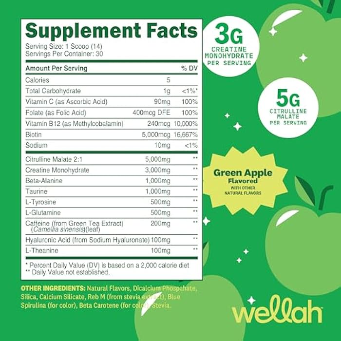 Wellah Pre-Workout + Creatine Powder (30 Servings) Green Apple - 200mg Caffeine, 3g Creatine Monohydrate, 5g Citrulline Malate, Pre-Workout with Creatine Supplement - Image 2