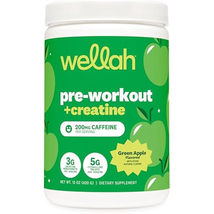 Wellah Pre-Workout + Creatine Powder (30 Servings) Green Apple - 200mg Caffeine, 3g Creatine Monohydrate, 5g Citrulline Malate, Pre-Workout with Creatine Supplement - Image 1