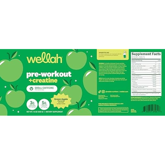 Wellah Pre-Workout + Creatine Powder (30 Servings) Green Apple - 200mg Caffeine, 3g Creatine Monohydrate, 5g Citrulline Malate, Pre-Workout with Creatine Supplement - Image 5