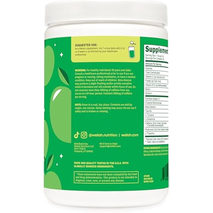 Wellah Pre-Workout + Creatine Powder (30 Servings) Green Apple - 200mg Caffeine, 3g Creatine Monohydrate, 5g Citrulline Malate, Pre-Workout with Creatine Supplement - Image 3