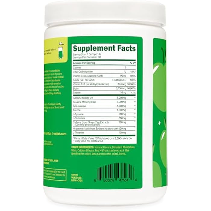 Wellah Pre-Workout + Creatine Powder (30 Servings) Green Apple - 200mg Caffeine, 3g Creatine Monohydrate, 5g Citrulline Malate, Pre-Workout with Creatine Supplement - Image 4