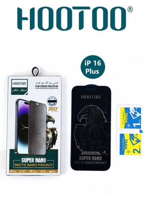 Privacy front screen protector sticker for iPhone 16 plus, anti-break protection with strong nano technology that is resistant to shocks and fractures, easy to install.