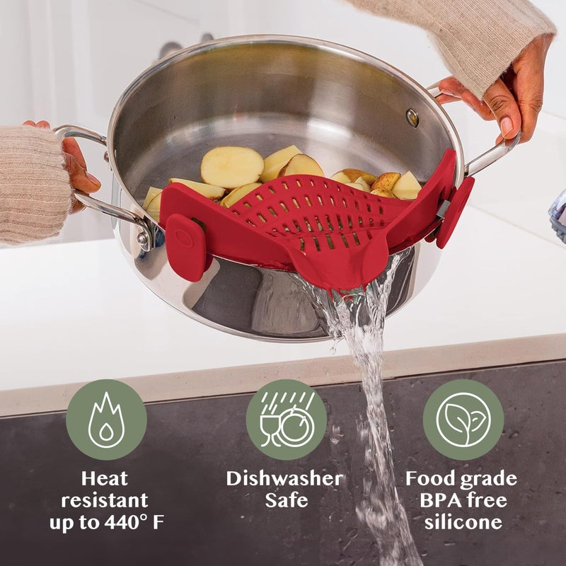 Kitchen Gizmo Snap N Strain Silicone Pot Strainer - Adjustable Clip-On Pasta Strainer for Pots, Pans, and Bowls - Large Red Kitchen Colander - Image 5