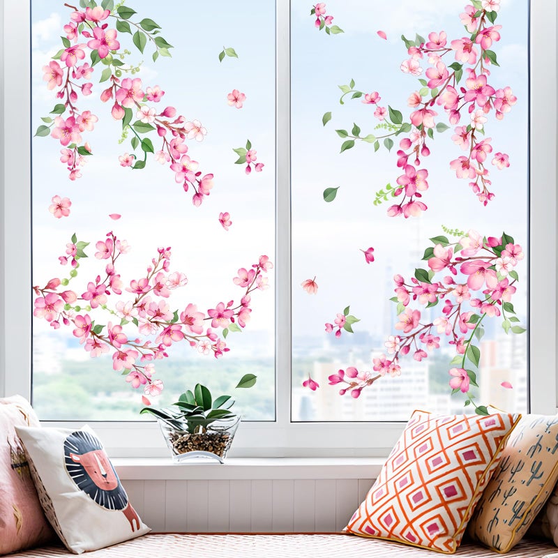 Supzone Spring Cherry Blossom Flowers Window Clings Valentine's Day Pink Hanging Flower Window Decals Anti-Collision Static Stickers for Women Girls Room Decor - Image 4