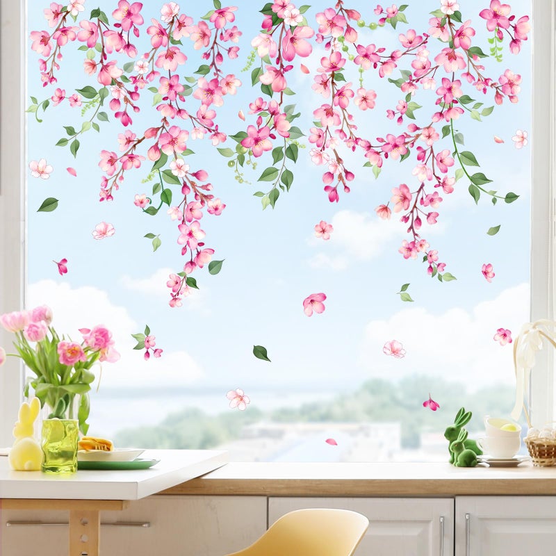 Supzone Spring Cherry Blossom Flowers Window Clings Valentine's Day Pink Hanging Flower Window Decals Anti-Collision Static Stickers for Women Girls Room Decor - Image 1