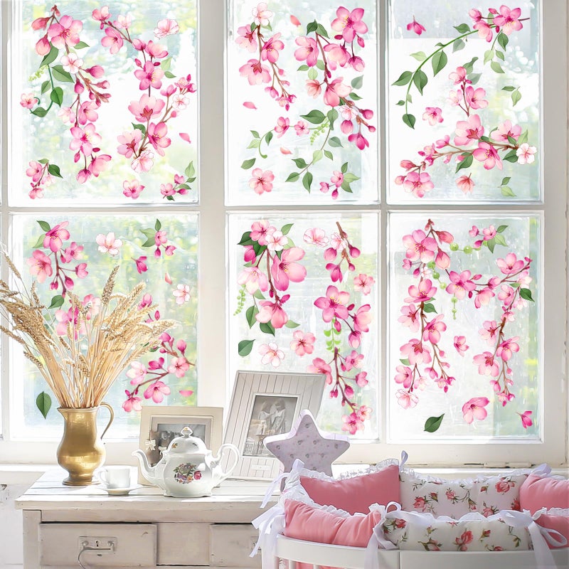 Supzone Spring Cherry Blossom Flowers Window Clings Valentine's Day Pink Hanging Flower Window Decals Anti-Collision Static Stickers for Women Girls Room Decor - Image 3