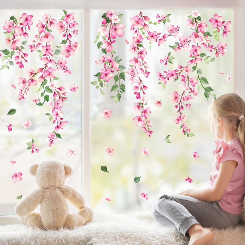 Supzone Spring Cherry Blossom Flowers Window Clings Valentine's Day Pink Hanging Flower Window Decals Anti-Collision Static Stickers for Women Girls Room Decor - Image 5