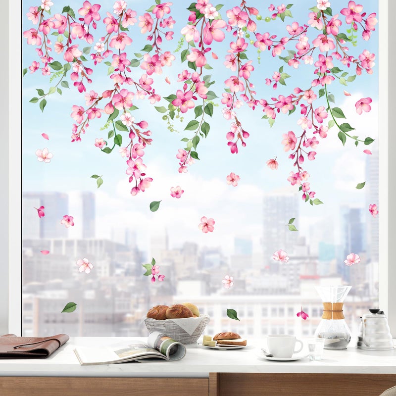 Supzone Spring Cherry Blossom Flowers Window Clings Valentine's Day Pink Hanging Flower Window Decals Anti-Collision Static Stickers for Women Girls Room Decor - Image 2