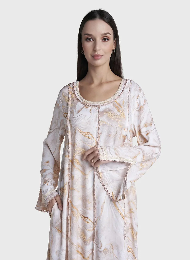 كشخة Vanilla Colour Lace Work Rayon Abstract Printed Jalabiya (VW485)