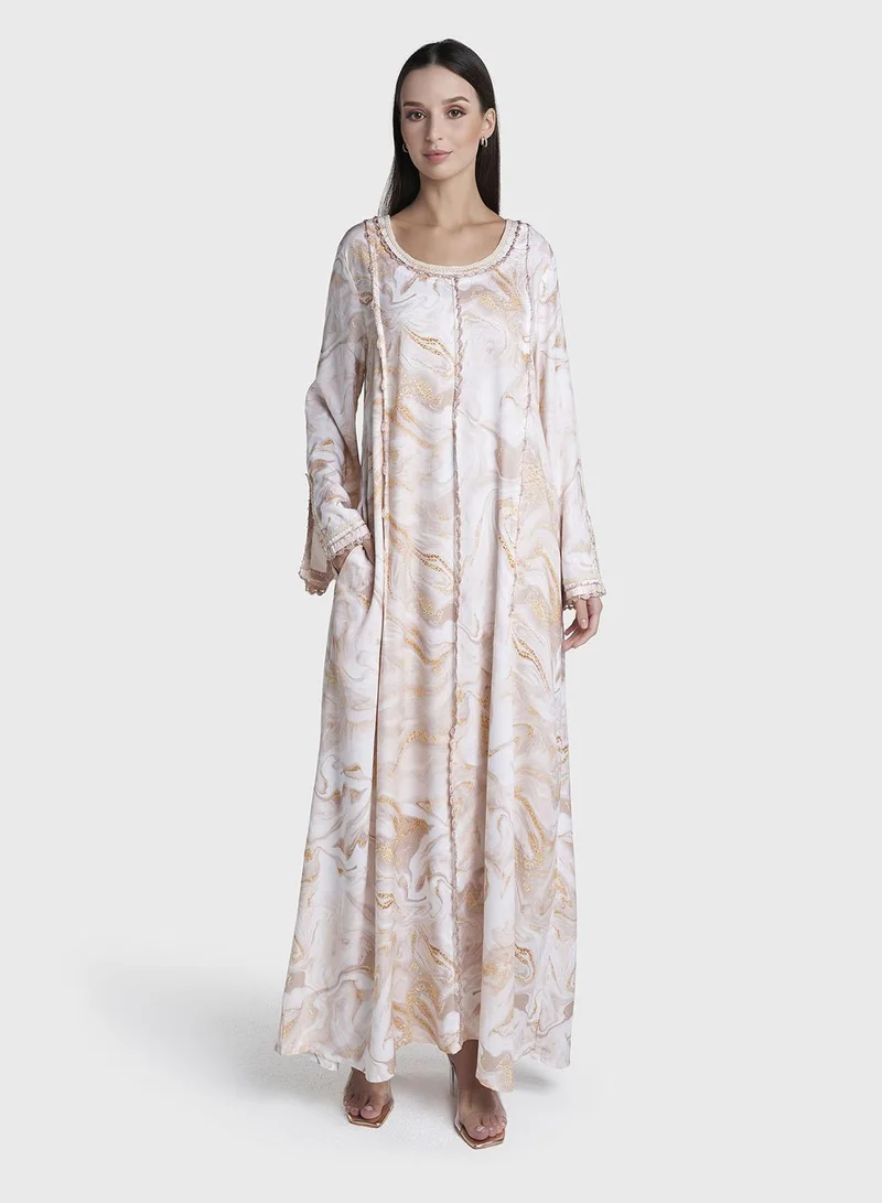 كشخة Vanilla Colour Lace Work Rayon Abstract Printed Jalabiya (VW485)