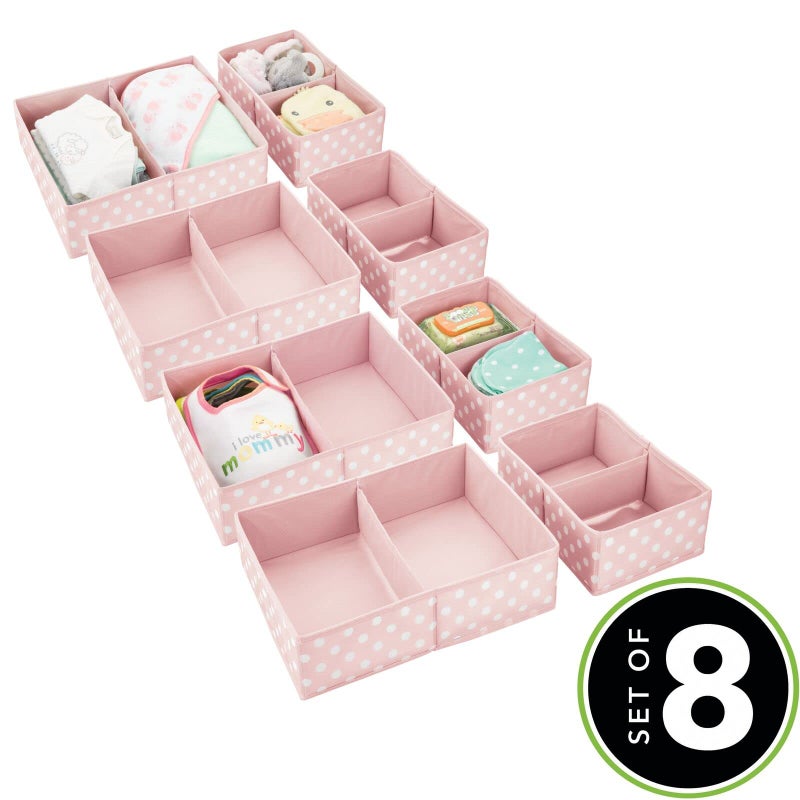 mDesign Fabric Drawer Organizer Bins, Kids/Baby Nursery Dresser, Closet, Shelf, Playroom Organization, Hold Clothes, Toys, Diapers, Bibs, Blankets, Set of 2, 4 Pack, Pink/White Polka Dot - Image 1
