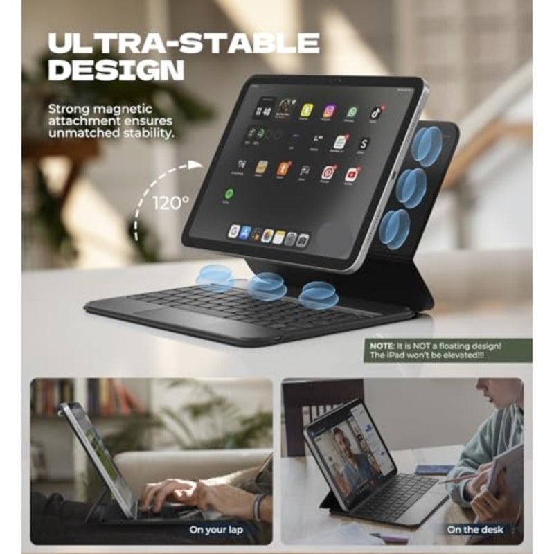 حافظة لجهاز iPad A16 الجيل الحادي عشر/العاشر مع لوحة مفاتيح مغناطيسية خفيفة للغاية وقابلة للفصل وغطاء لوحة مفاتيح متعدد اللمس وإضاءة خلفية لجهاز iPad الجيل العاشر 10.9 بوصة (2022)/الجيل الحادي عشر (2025)، أسود - Image 3
