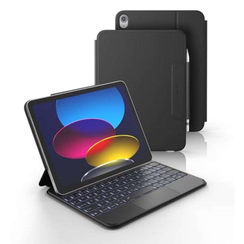 حافظة لجهاز iPad A16 الجيل الحادي عشر/العاشر مع لوحة مفاتيح مغناطيسية خفيفة للغاية وقابلة للفصل وغطاء لوحة مفاتيح متعدد اللمس وإضاءة خلفية لجهاز iPad الجيل العاشر 10.9 بوصة (2022)/الجيل الحادي عشر (2025)، أسود - Image 1