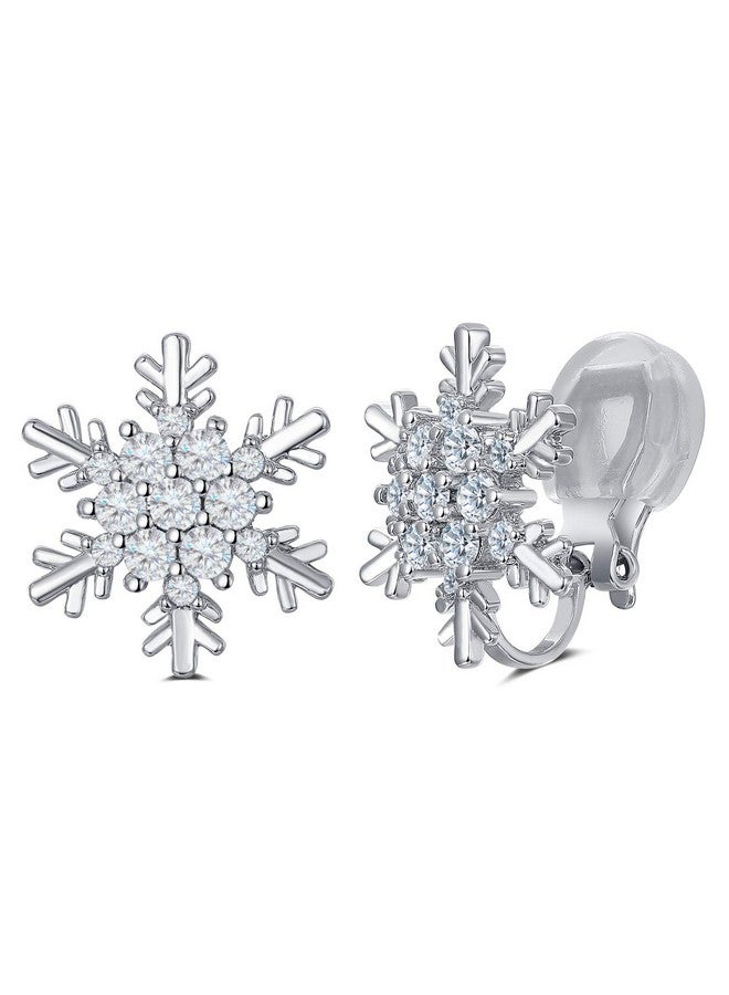 SELOVO Winter Snowflake Cubic Zirconia Stud Clip On Earrings Silver Tone - Image 1