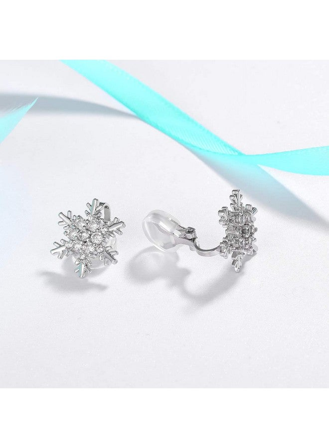 SELOVO Winter Snowflake Cubic Zirconia Stud Clip On Earrings Silver Tone - Image 5