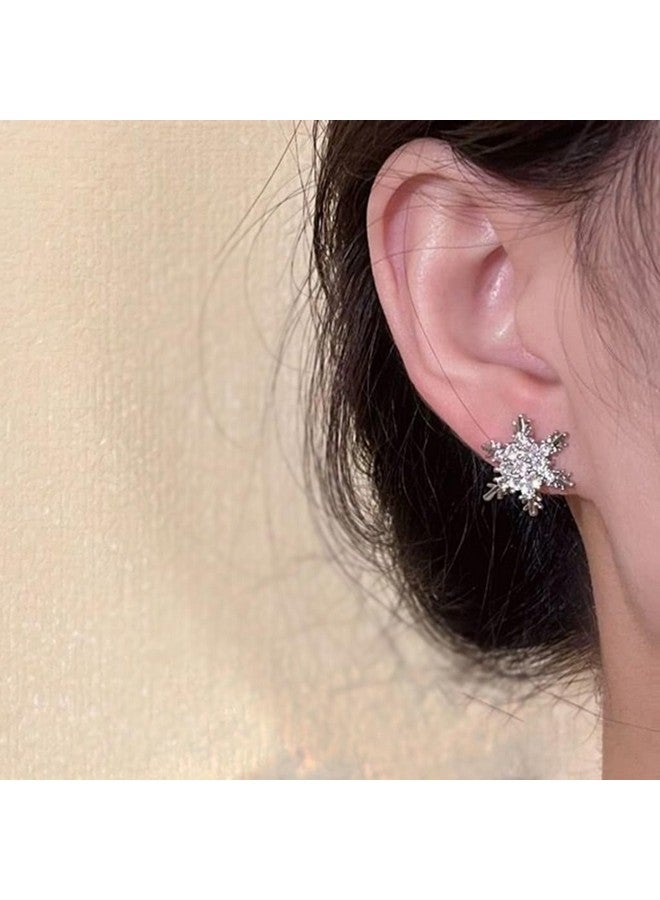 SELOVO Winter Snowflake Cubic Zirconia Stud Clip On Earrings Silver Tone - Image 3
